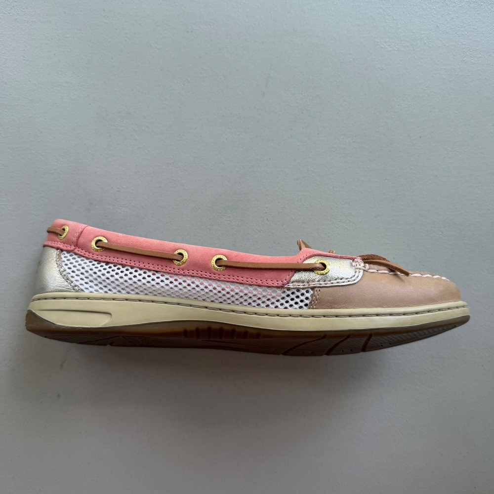 Sperry TopSider Women 9.5 Pink Tan Gold Leather Mesh Angelfish Boat Shoes Preppy - Picture 9 of 15